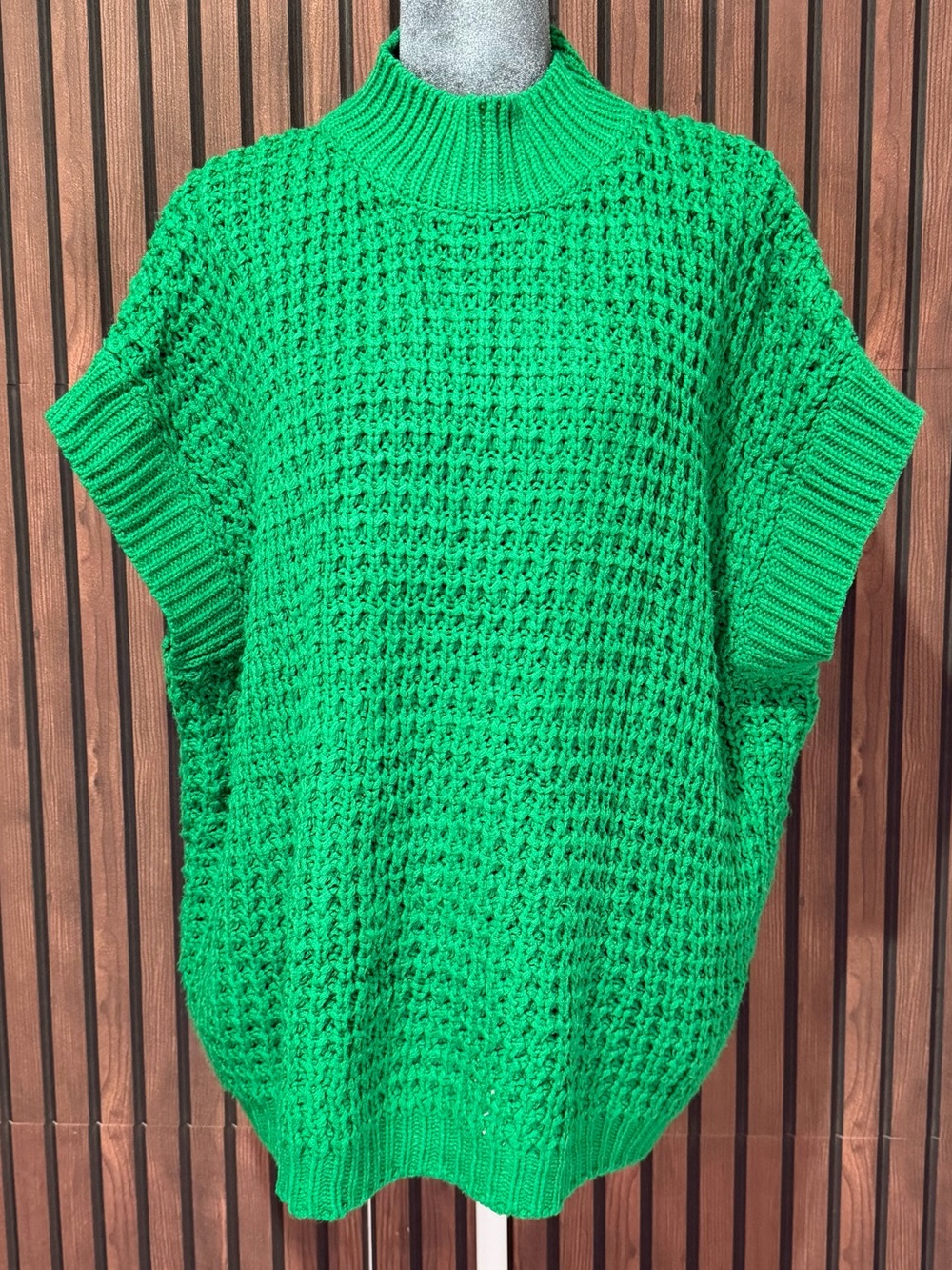 Hand Crochet Open Knit Mock Neck Poncho Sweater Top Green OS